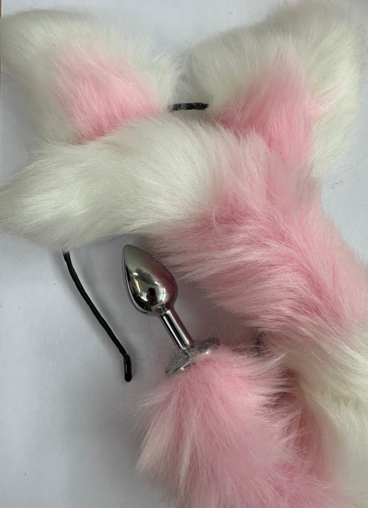 Metallplug mit flauschigem Plüsch-Schwanz und passenden Katzen-Öhrchen für Petplay - als Set!